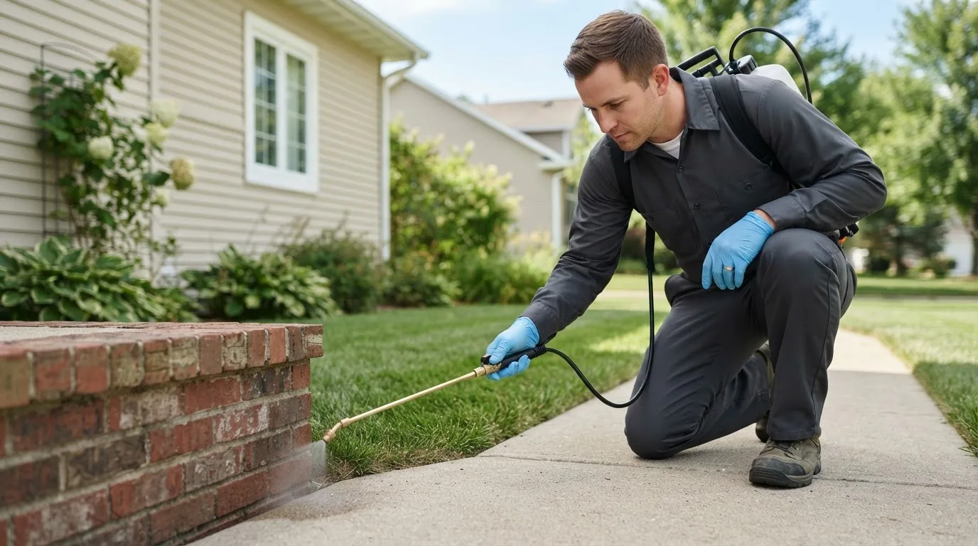 Pest control technician treating a home near Marion, KS